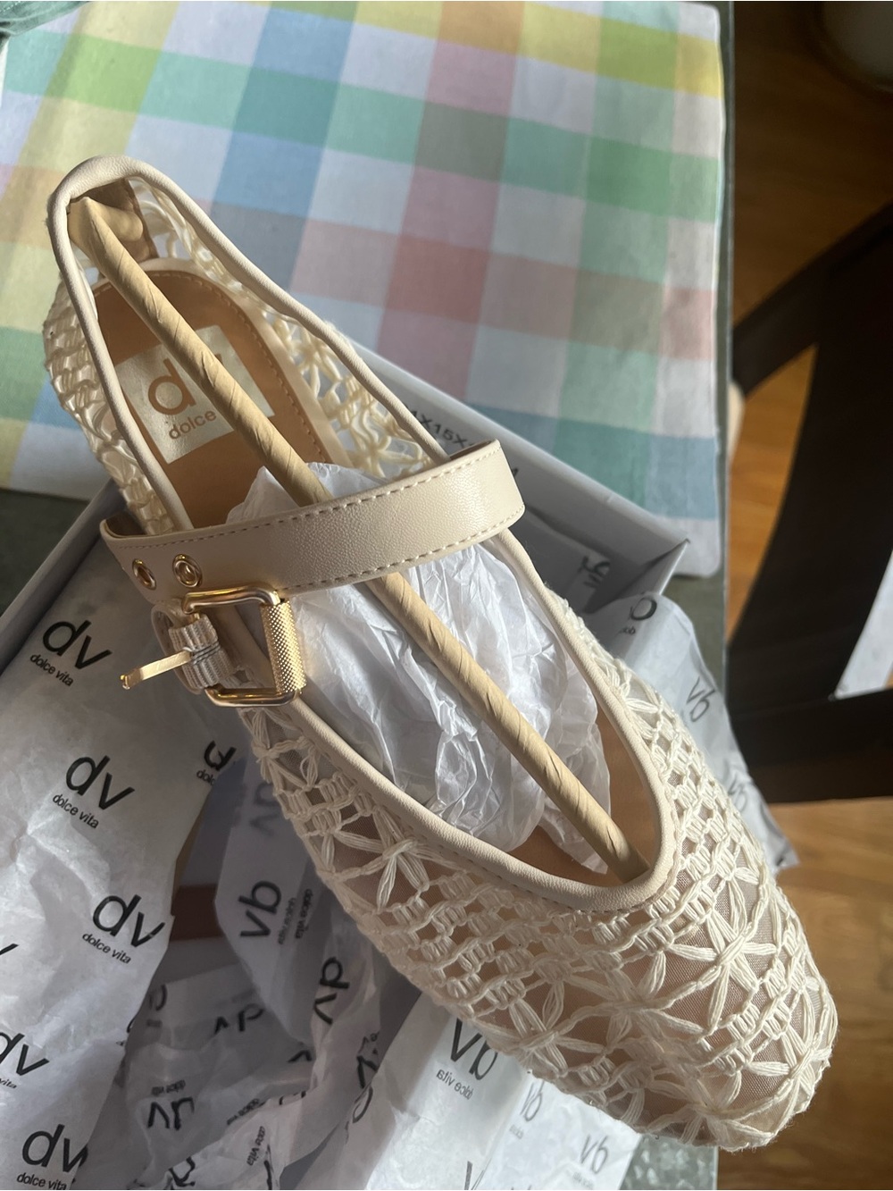 Dolce Vita Cream Woven Mary Jane Flats with Gold Buckle